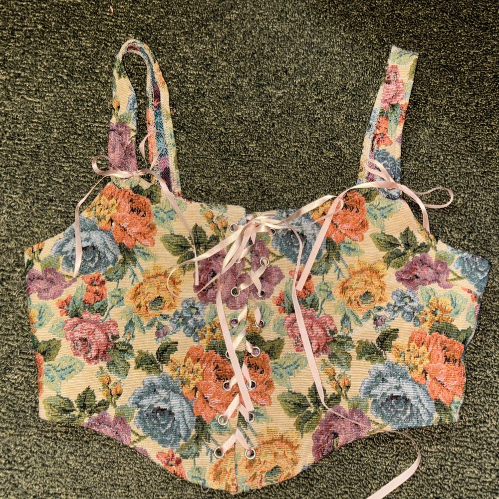 Floral and Butterfly Lace Up Crop Tank Top